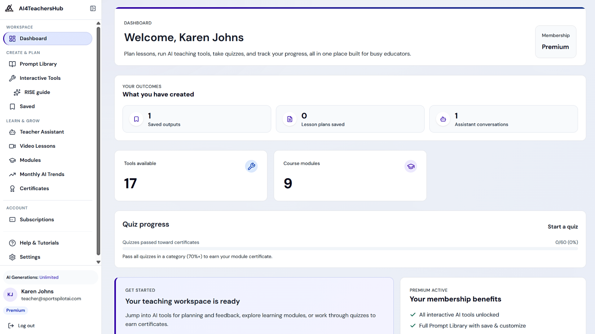 AI4TeachersHub personal teacher portal showing dashboard progress, tools, Prompt Library, and learning pathways.